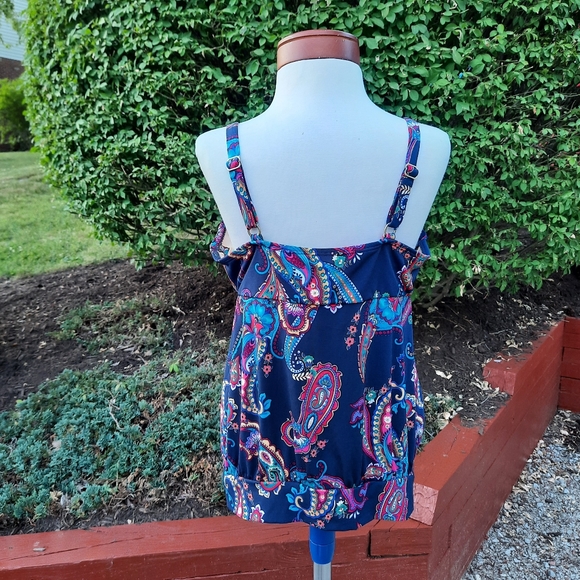 Lands' End Swim Paisley Slimming Blouson Padded Bra Tankini Top 16W Navy Multi - Picture 7 of 14